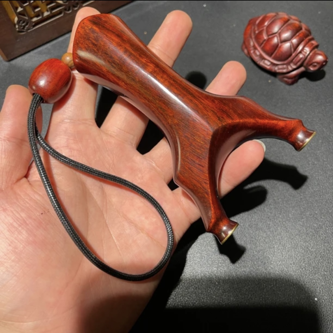 红檀实木天罡铜撑头高精度弹弓反曲飞虎木质弹弓扁皮筋玩具把手