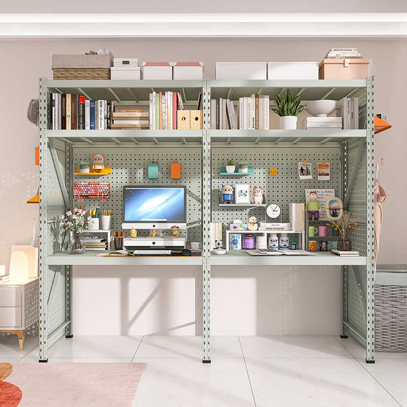 灰绿色洞洞板书桌电脑桌收纳置物架书架一体靠墙卧室学生组合桌子