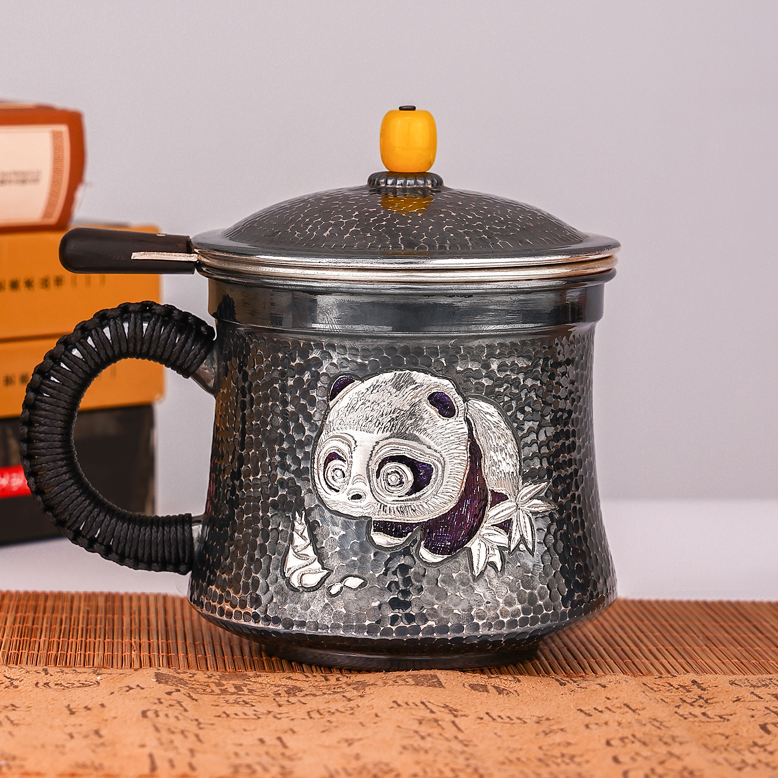 九乐 足银银制品 足银999 做旧熊猫茶缸杯379克350ml