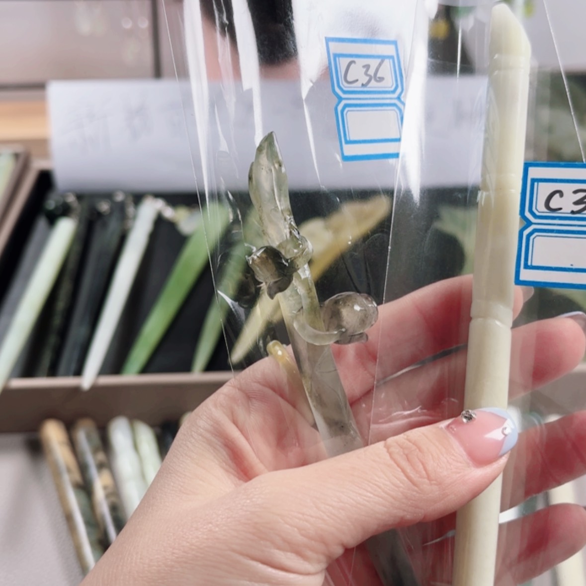 【闪购商品】蛇纹石玉发饰合金若*，