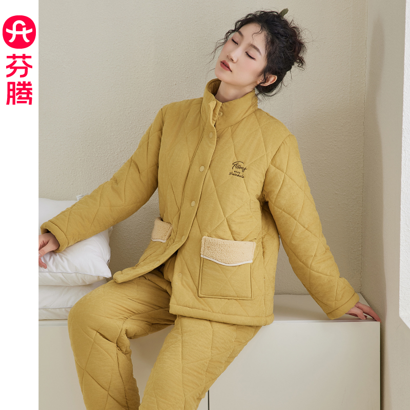 芬腾睡衣女冬季珊瑚绒三层夹棉加绒加厚保暖女款中年法兰绒家居服