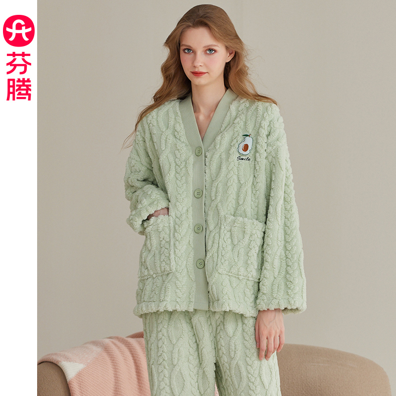芬腾珊瑚绒睡衣女秋冬季加绒加厚保暖套装法兰绒加大码家居服冬款