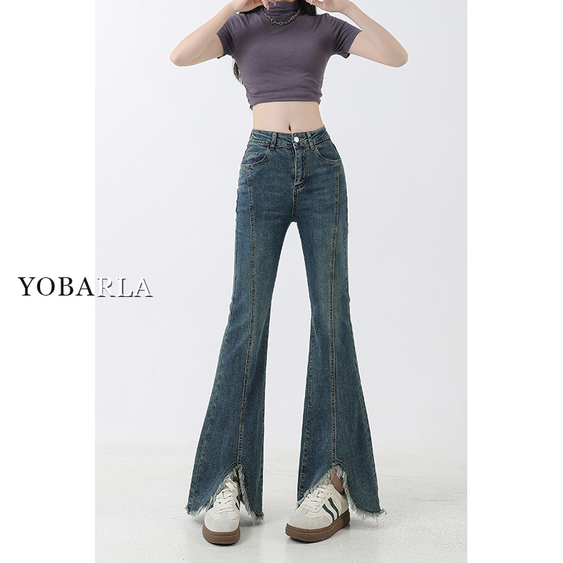 复古蓝开叉微喇牛仔裤女秋冬大码高腰胖mm加绒梨形身材毛边喇叭裤