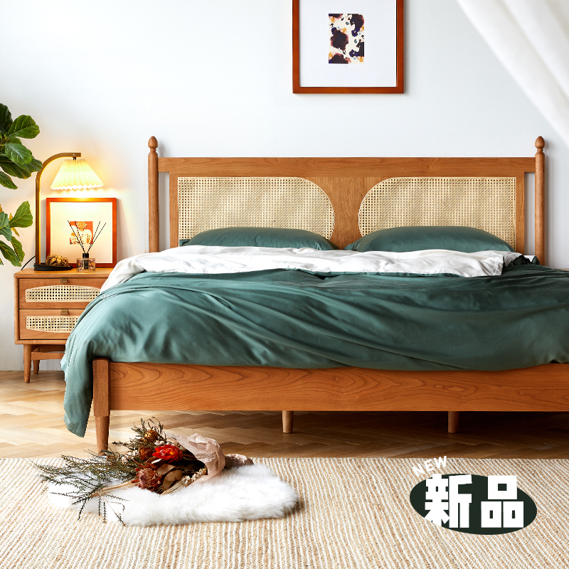 朴愫木作上弦月床 北欧复古法式藤编床头日式全实木