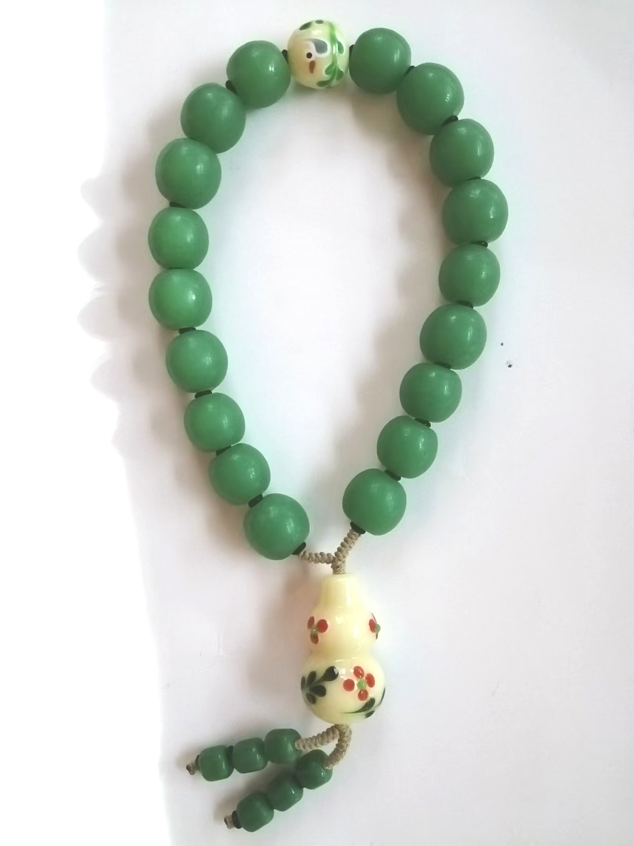 老琉璃18籽手持绿色珠子报喜鸟花瓣葫芦珠子直径2厘米