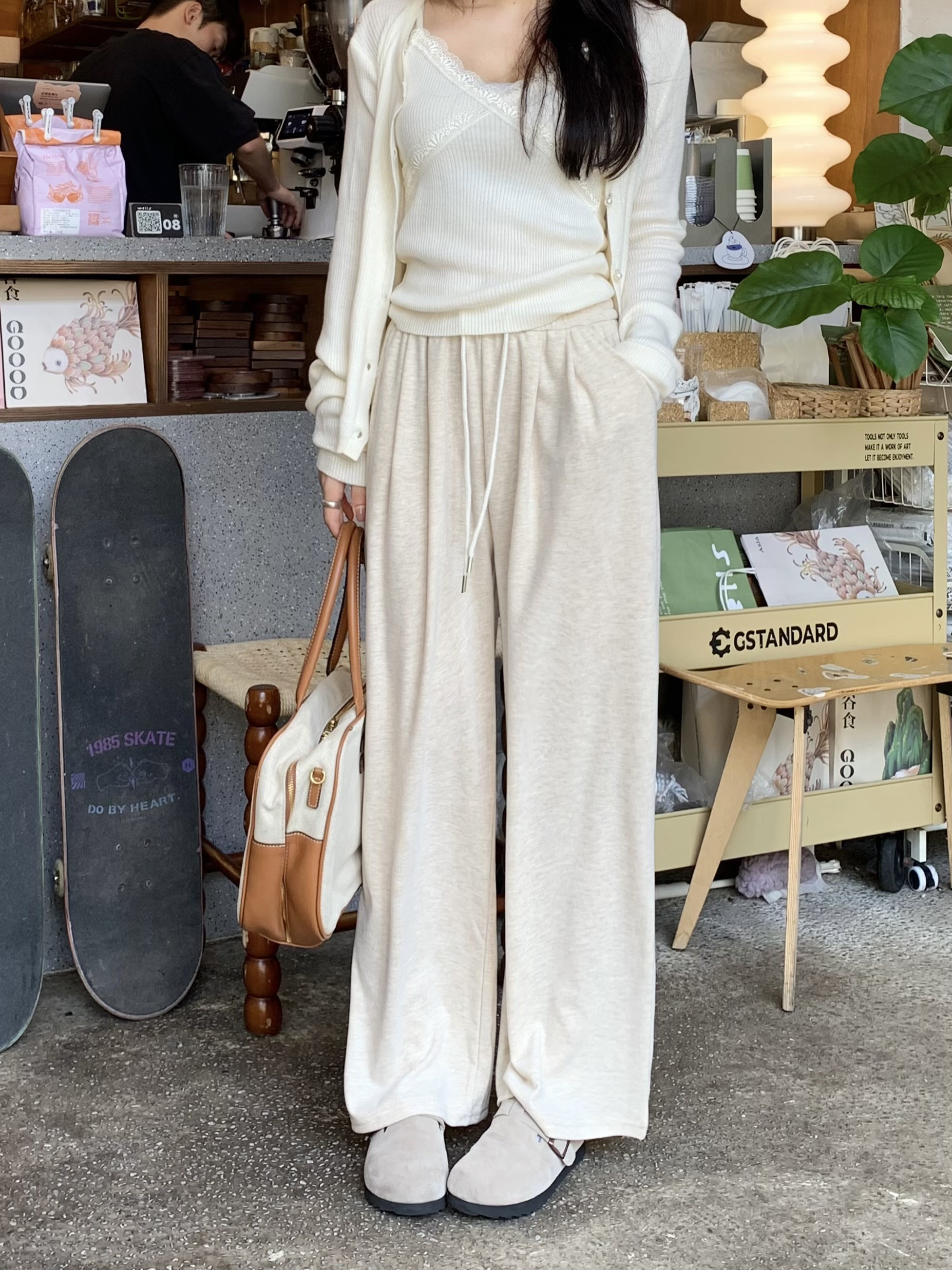 阔腿糯米裤女春秋款2024新款垂感直筒休闲小个针织慵懒风百搭裤子