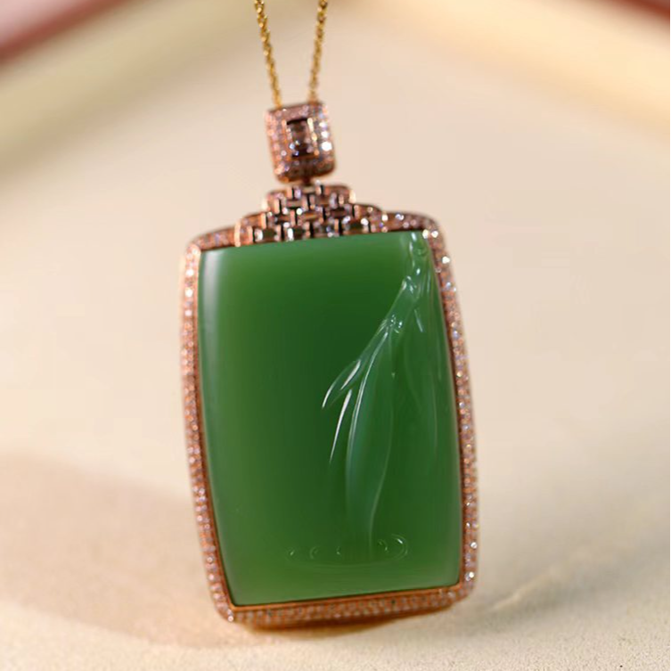 【宫宝玉喜】俄罗斯碧玉正粉绿无结构竹节牌君子牌18k镶嵌