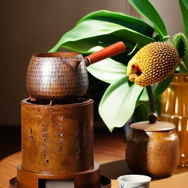 纯紫铜罐罐茶烤奶茶围炉煮茶茶道熬茶罐锤纹铜杯老式家用煮茶炉