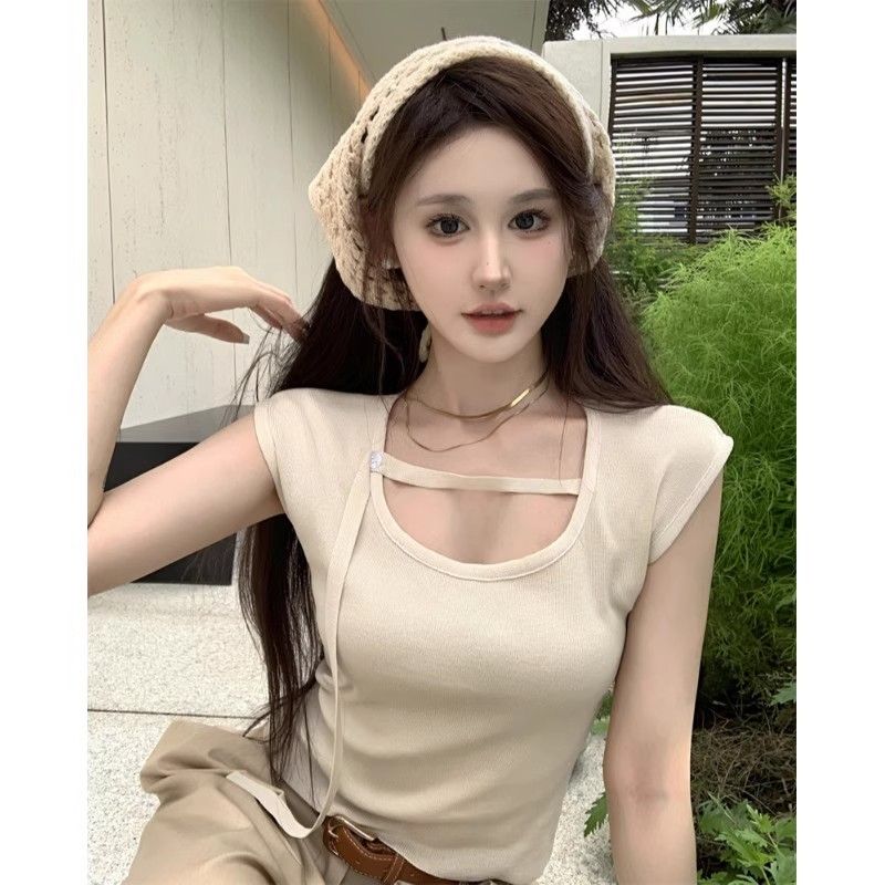 冰丝针织短袖t恤女夏季薄款设计感小众百搭修身显瘦短款正肩上衣