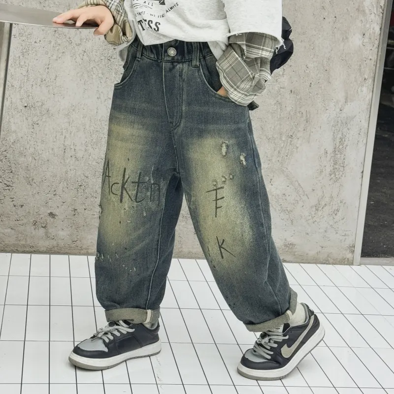 Y【轩轩】春秋季男童新款百搭潮流复古港风时尚休闲儿童牛仔裤FD198