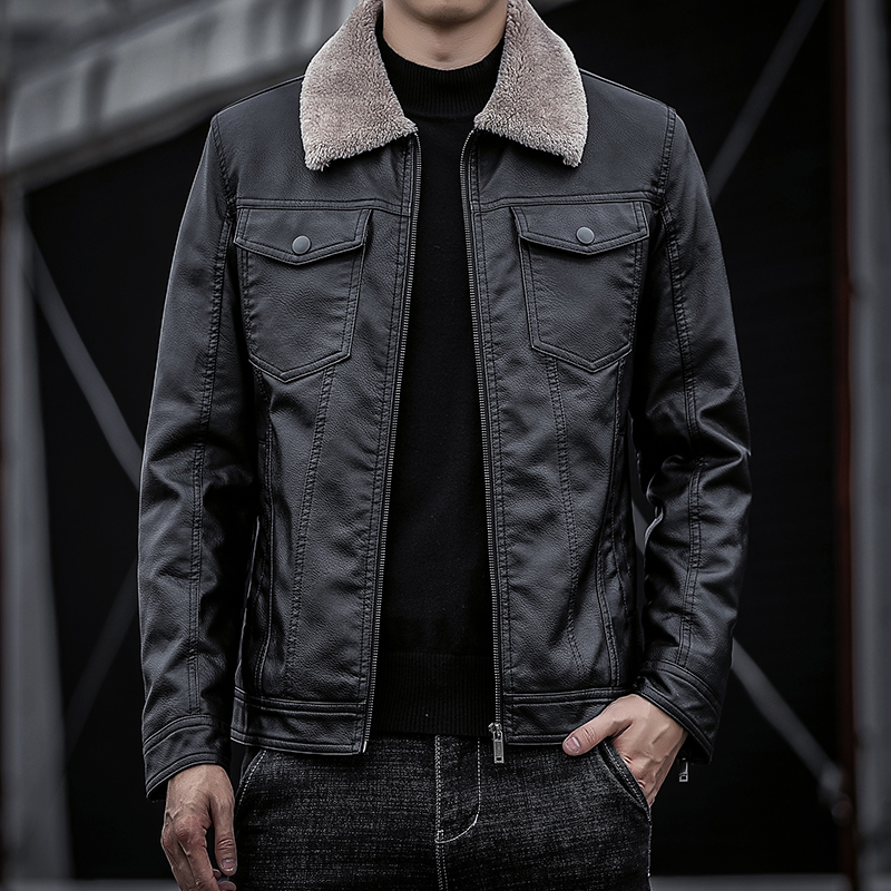 男士皮衣上衣加厚绒皮夹克男款皮衣秋冬轻商务休闲方领时尚百搭PU