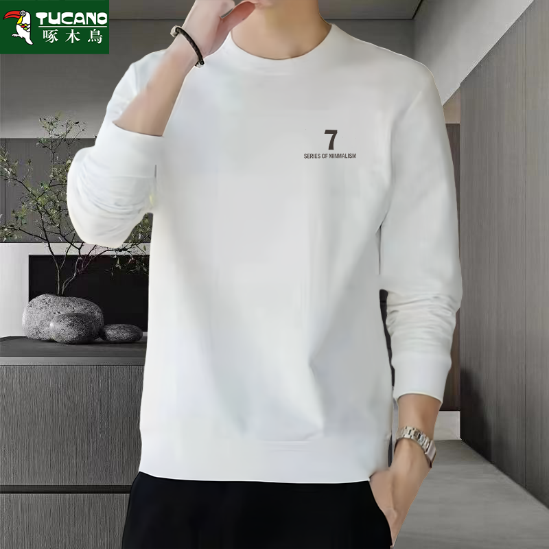 啄木鸟重磅圆领卫衣男白色男女潮牌运动宽松青年套头潮流上衣外套