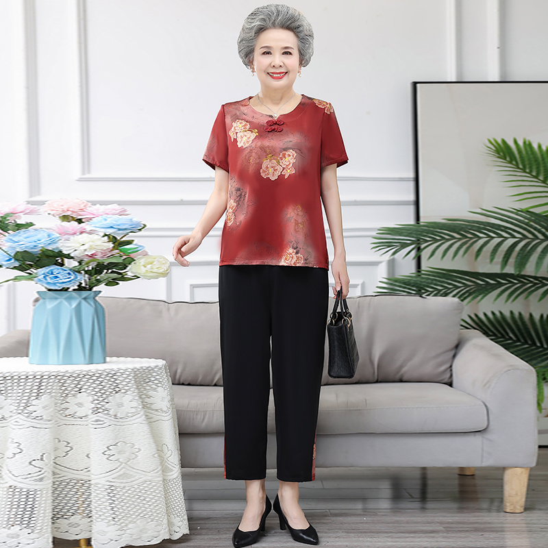奶奶夏装套装老年人短袖棉舒适两件套女70岁妈妈装绣花圆领衣服