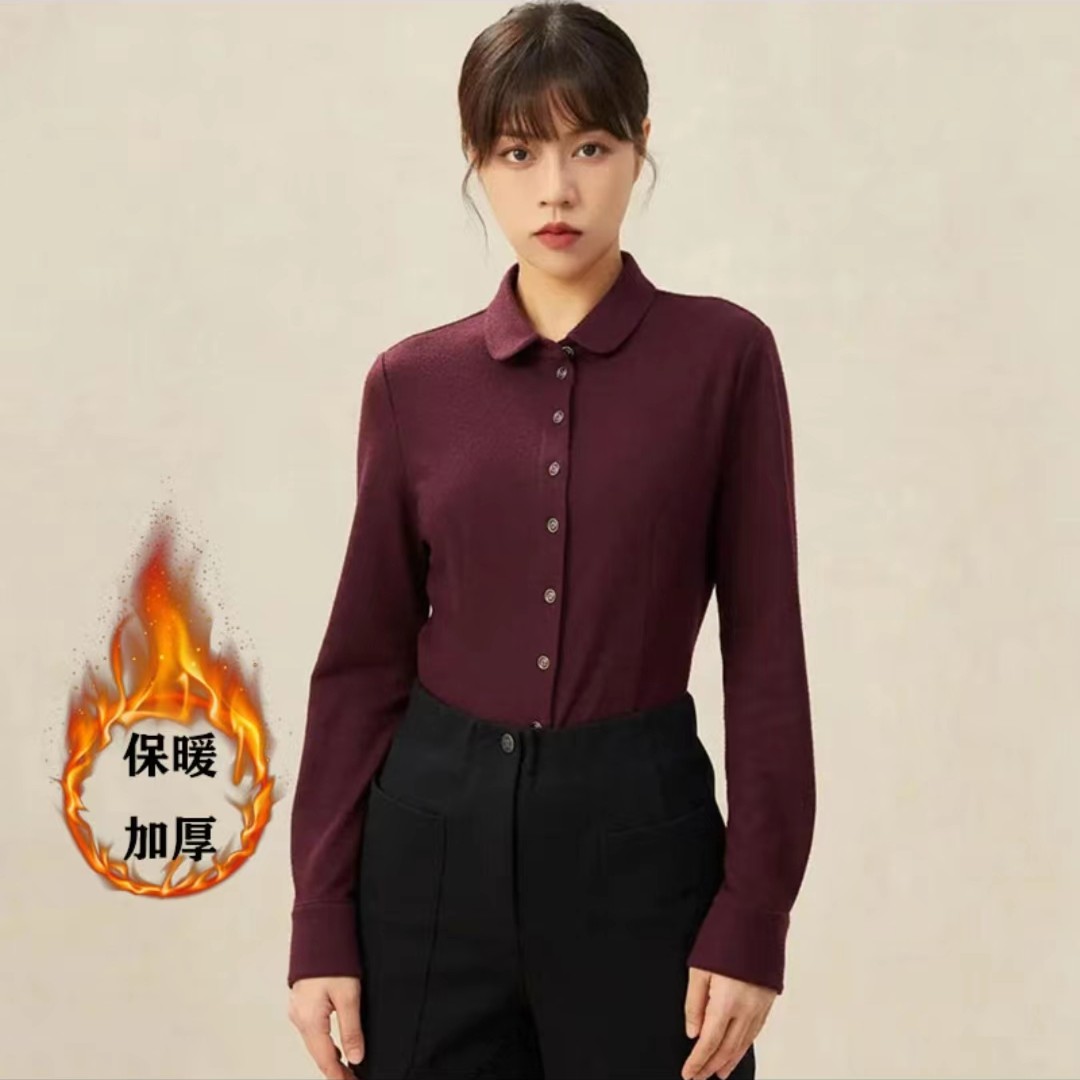 【商场同款】羊毛衬衫时尚百搭翻领气质长袖单排扣打底衫5300528