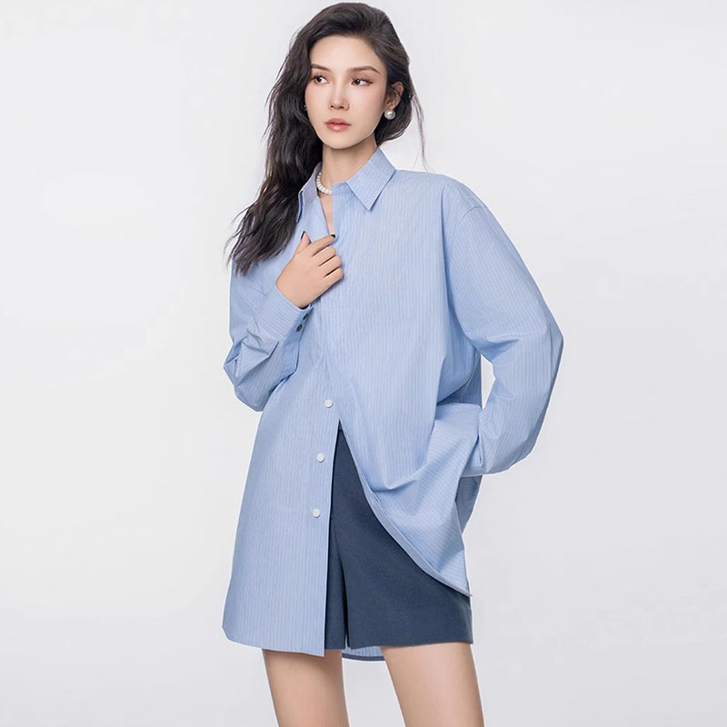 【商场同款】新款竖条纹男友风衬衫秋季时尚宽松纯色衬衣女5301110