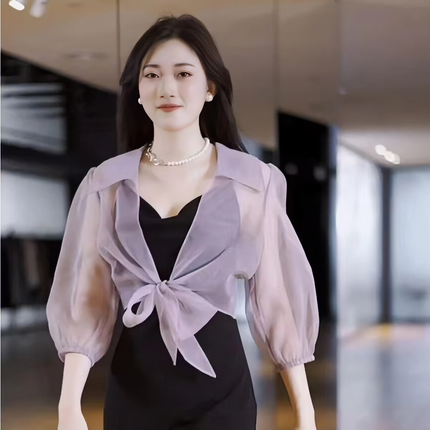 【商场同款】透视雪纺衫时尚百搭气质蕾丝边长袖防晒衬衣女5300952