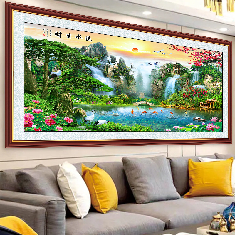 自粘壁画仿真边框山水画风景客厅沙发背景装饰画流水生财墙贴床头