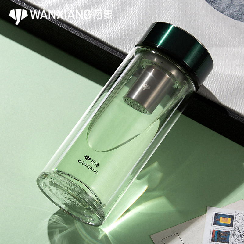 万象双层玻璃杯高档镜面拉丝杯盖透明泡茶时尚车载大容量水杯防烫