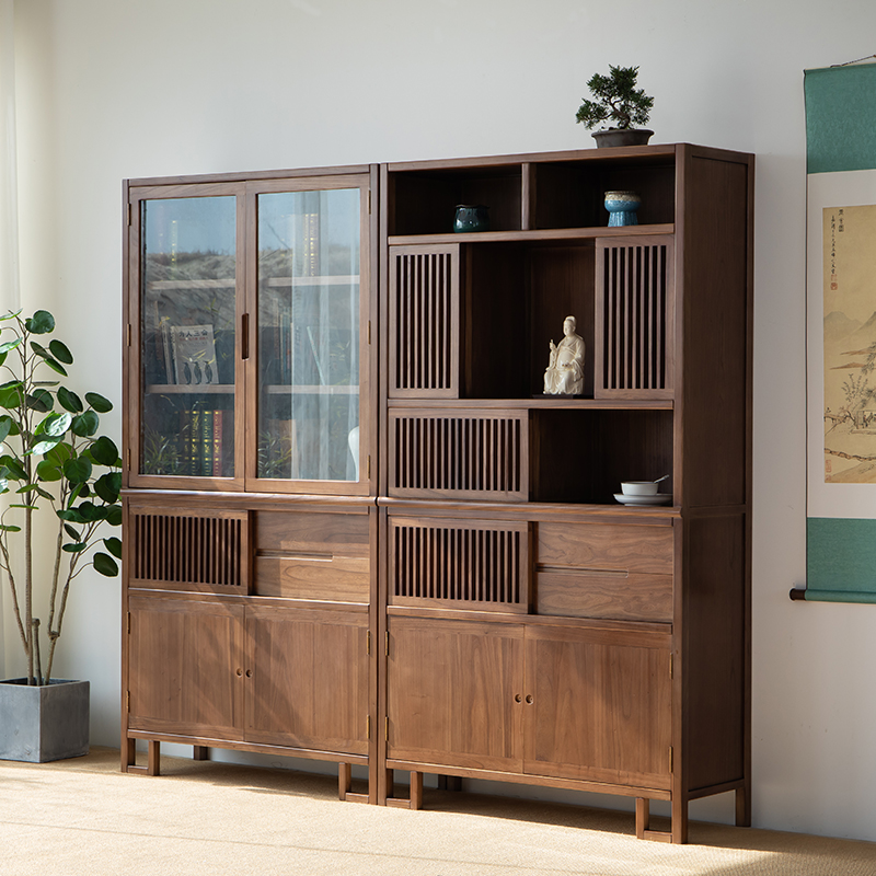 新中式黑胡桃实木书柜收纳茶柜老榆木置物架书橱佛柜佛龛现代简约