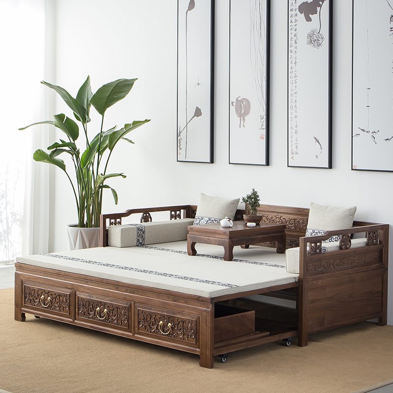 新中式北美黑胡桃实木罗汉床简约复古客厅沙发伸缩推拉贵妃塌双人