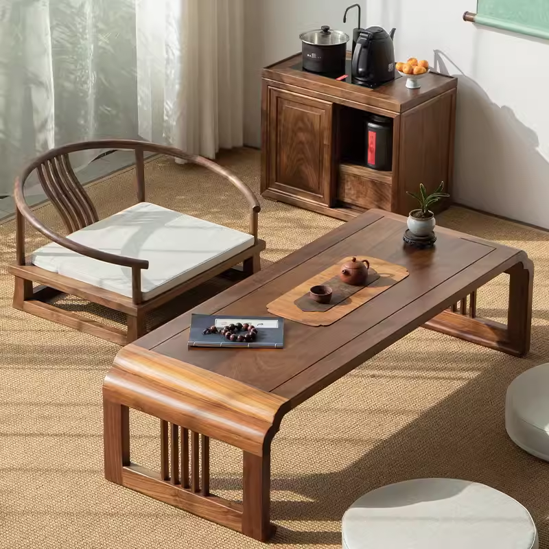 新中式胡桃木榆木榻榻米茶几日式矮桌椅实木茶室客厅飘窗茶台茶桌