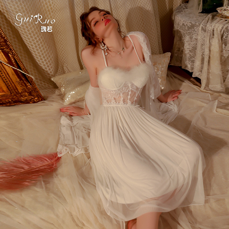 瑰若法式性感深纯欲胸垫吊带私房睡裙简约外袍女家居服套装2983