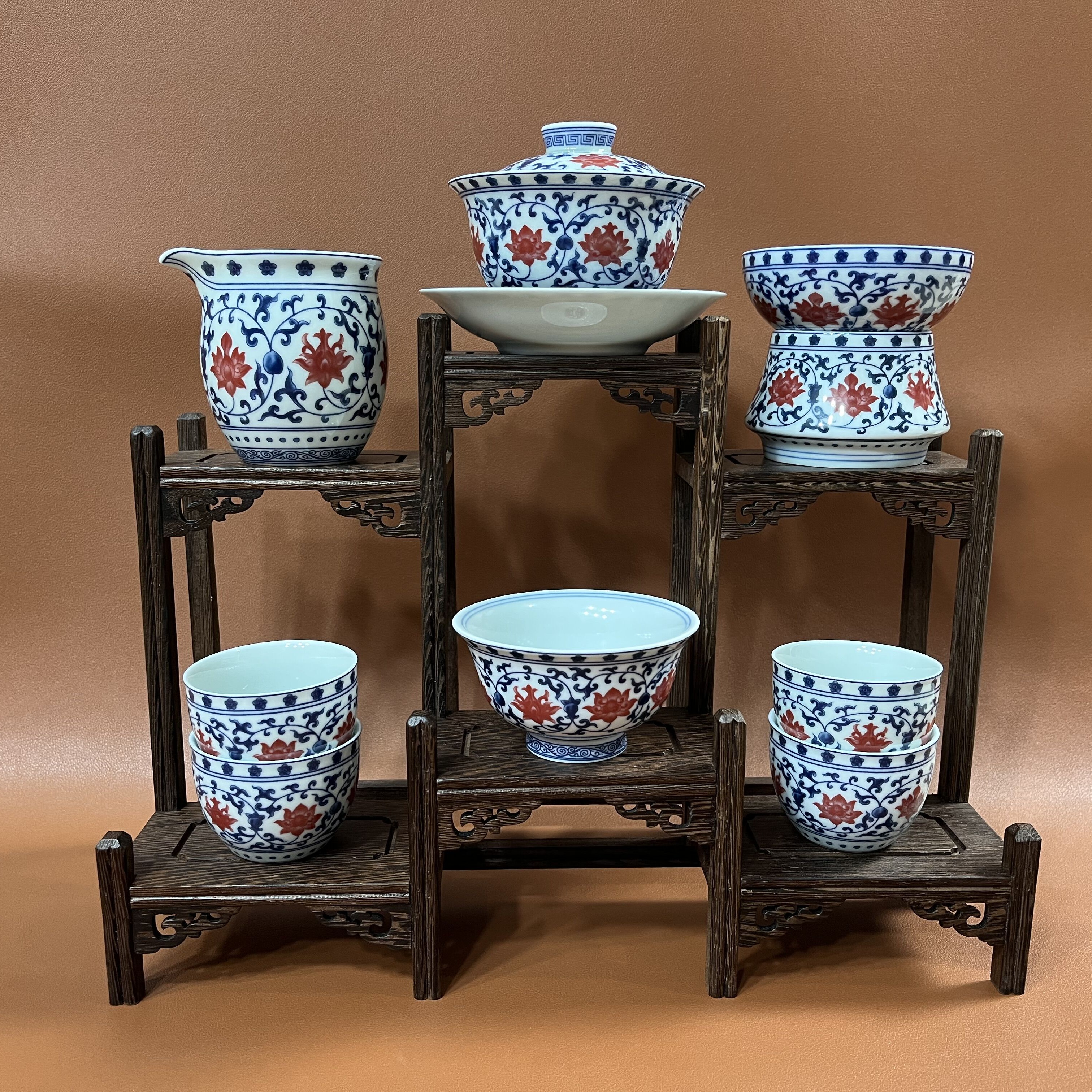 景德镇青花陶瓷茶具手工釉里红缠枝莲高端茶具套组8件套