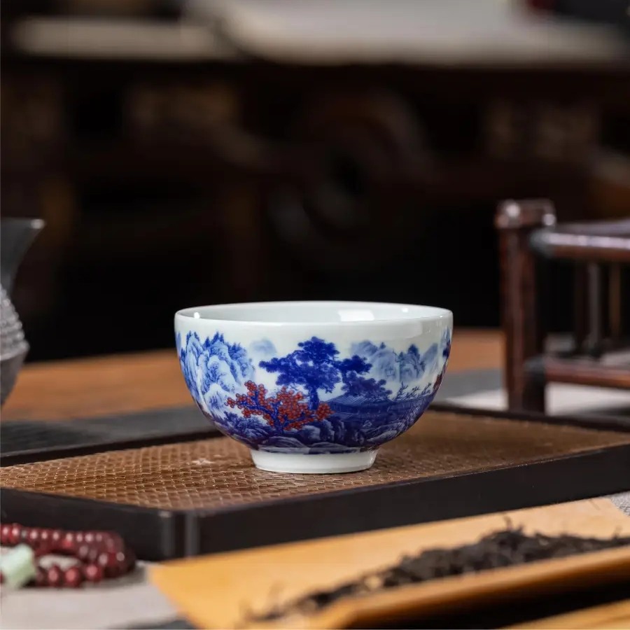 景德镇青花陶瓷主人杯手工清流胜境鸡心杯釉里红山水茶杯
