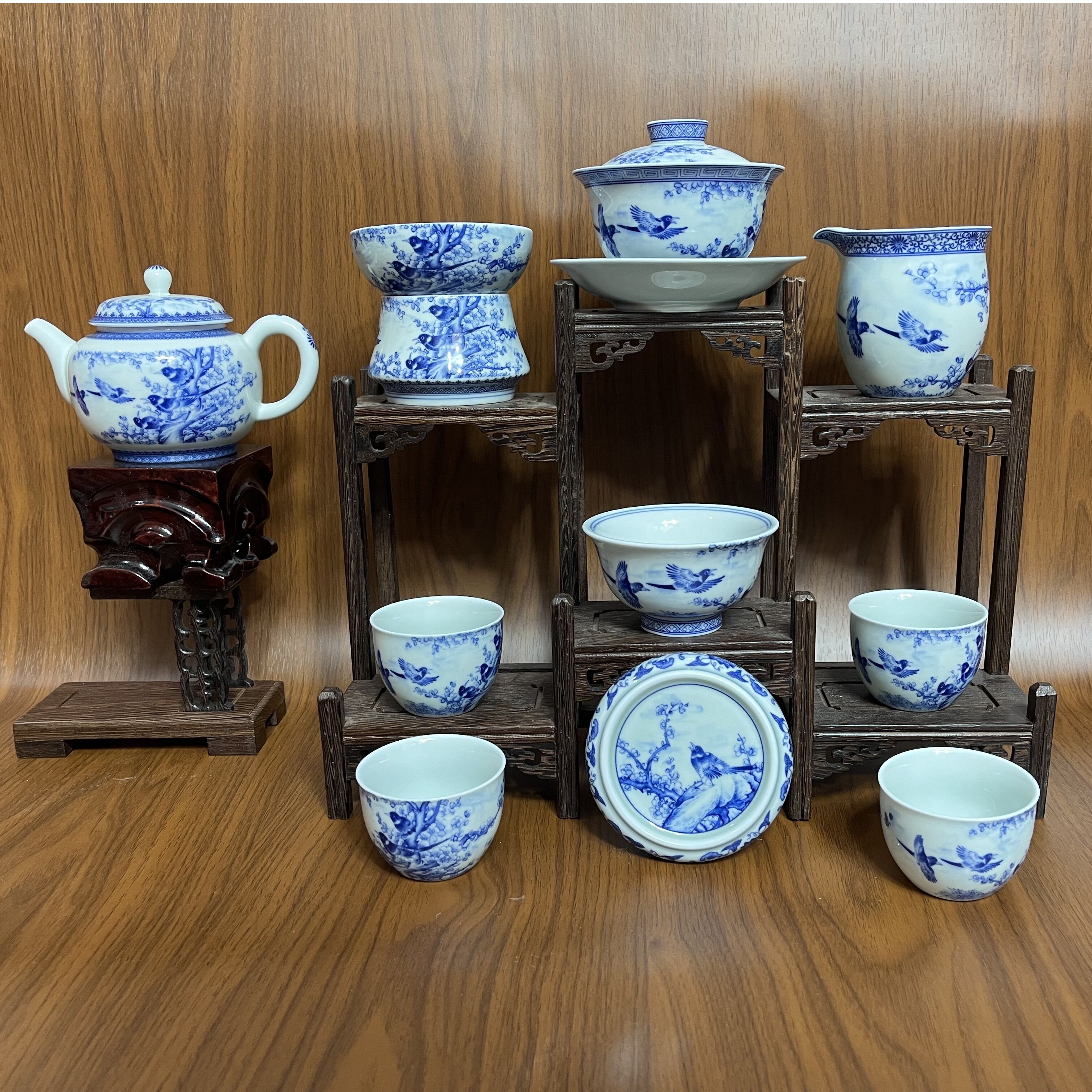 景德镇青花陶瓷茶具手工喜上眉梢盖碗茶壶10件套