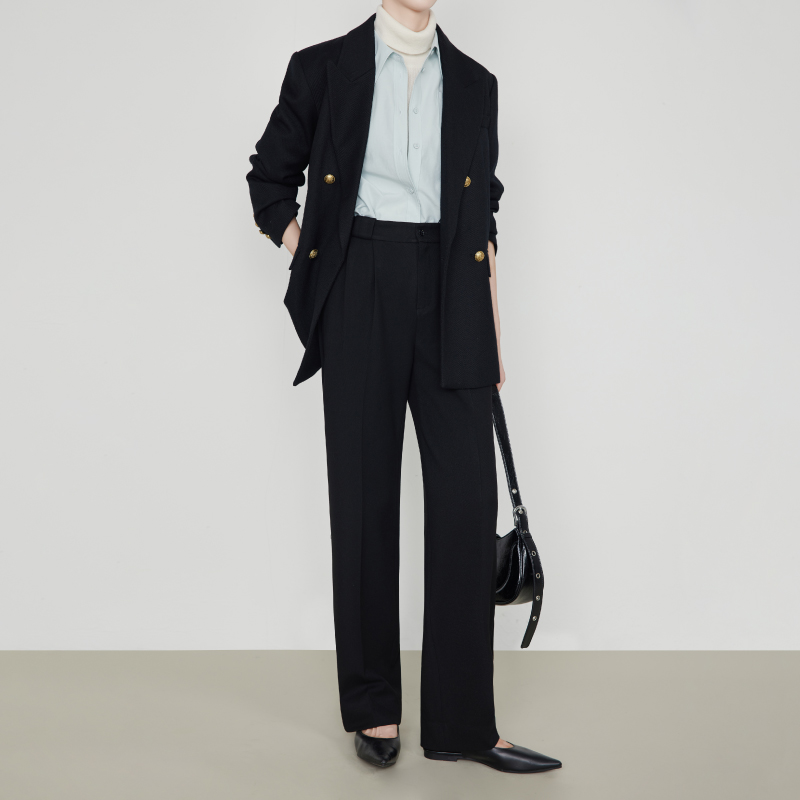 【逸阳※金奢】法兰绒高质通勤奢品时尚雅丹黑色高腰小直筒长裤