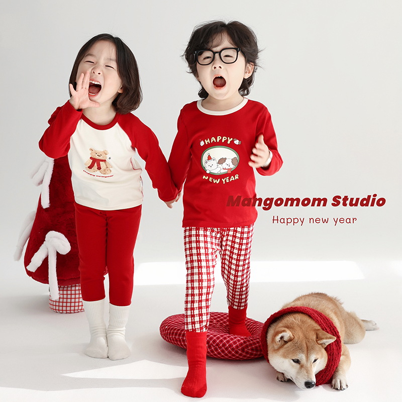 亲子装新年家居服本儿童保暖内衣套装男女童纯棉红色秋衣秋裤套装