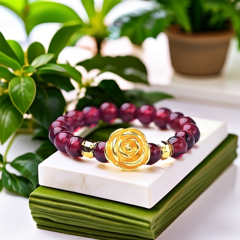 【黄金补贴】足金黄金玫瑰花石榴石搭配时尚气质戒指