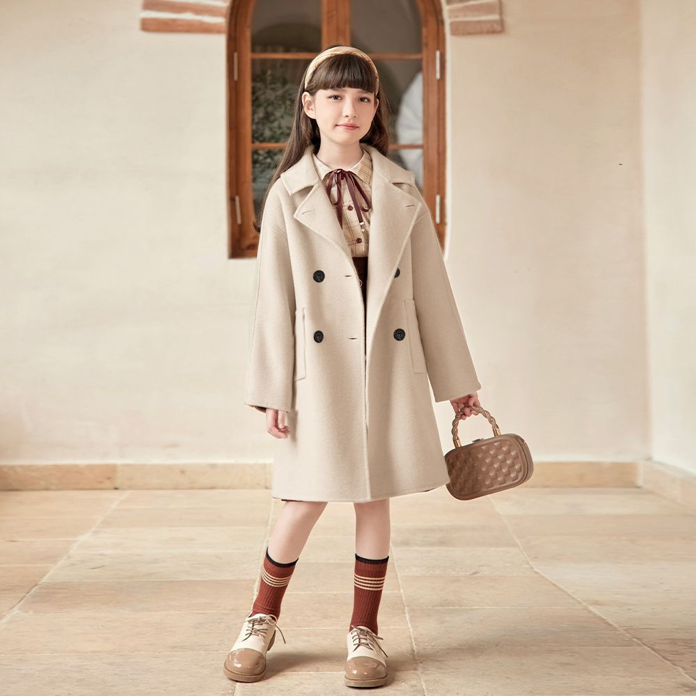 女童大衣双面羊绒大衣2025冬新款宽松版双面呢全羊绒中大童外套