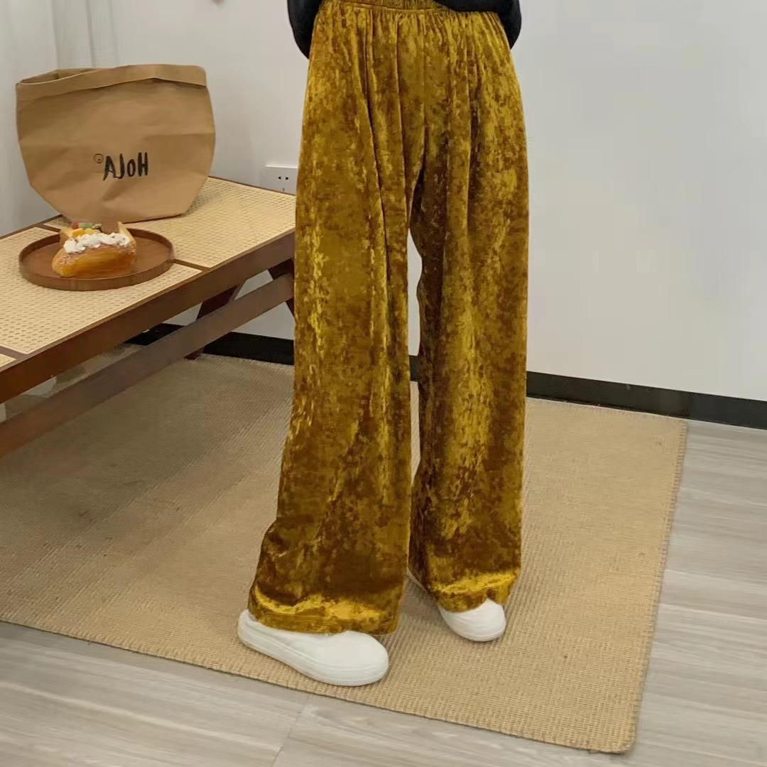 YE  FAN 多巴胺松紧腰丝绒阔腿裤女春夏新款糖果色高腰直筒裤