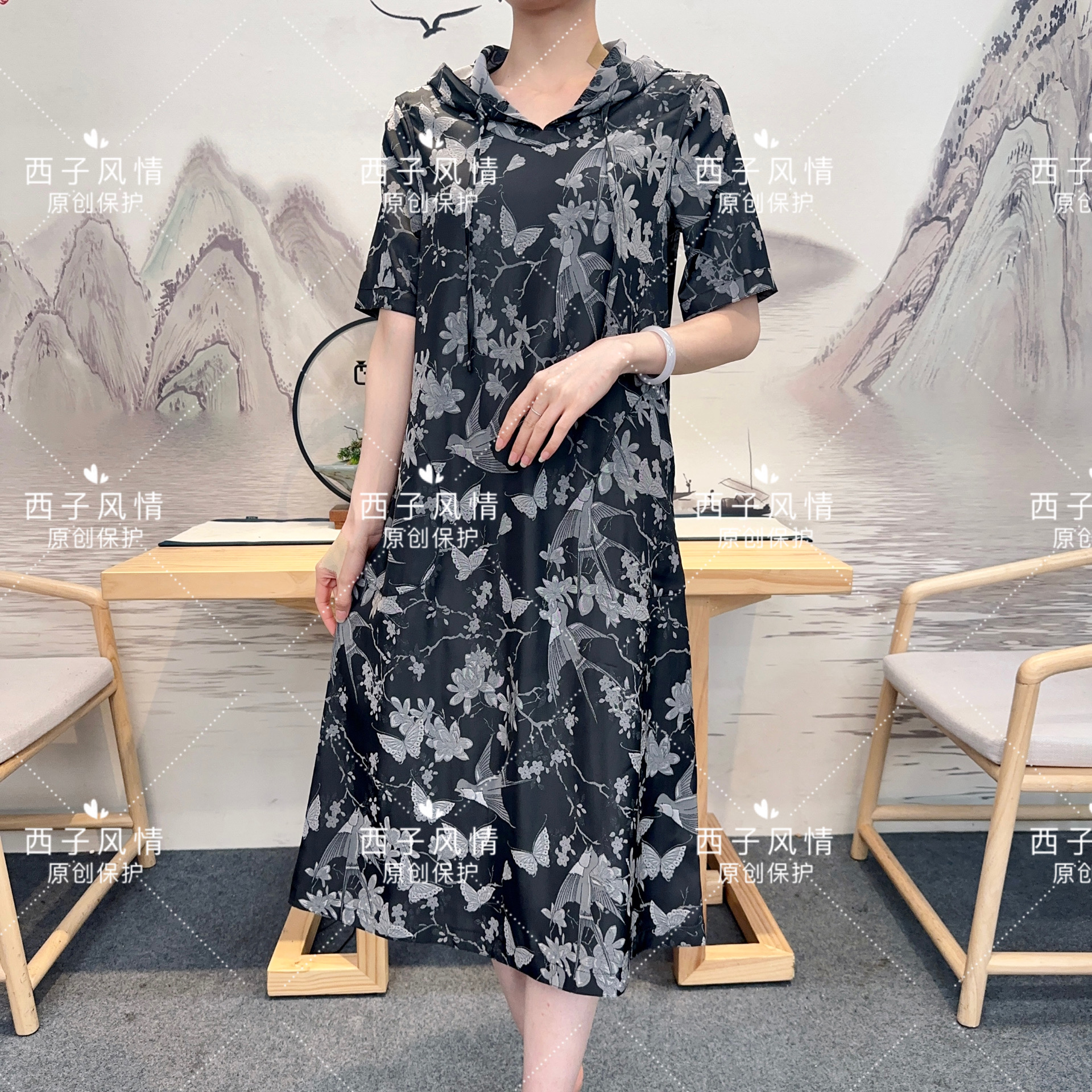 萍  高级黑灰蝴蝶兰提花单层双面双穿连帽裙