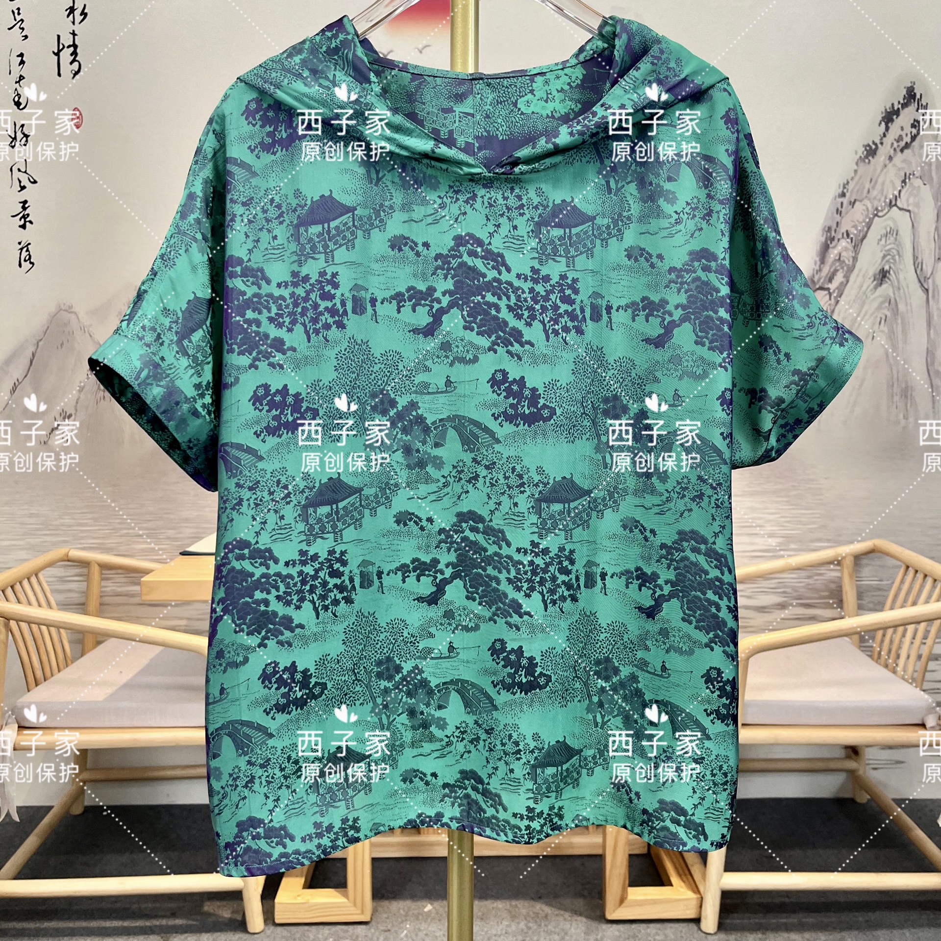 西子风情 清明上河图重工提花款紫绿单层双面双穿连帽小衫
