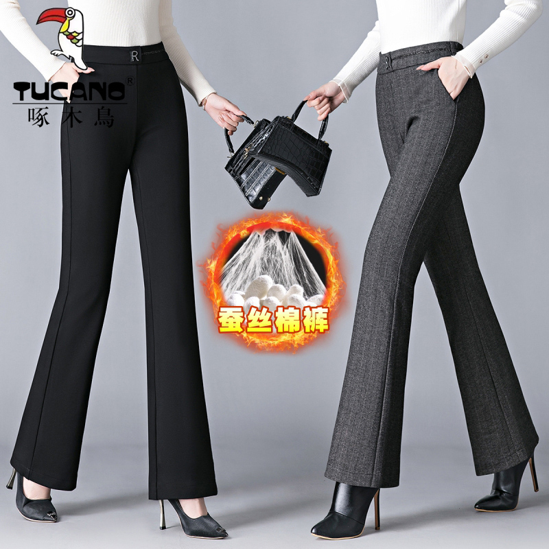 TUCANO/啄木鳥妈妈微辣裤秋冬加绒加厚中老年高腰显瘦条纹长裤子
