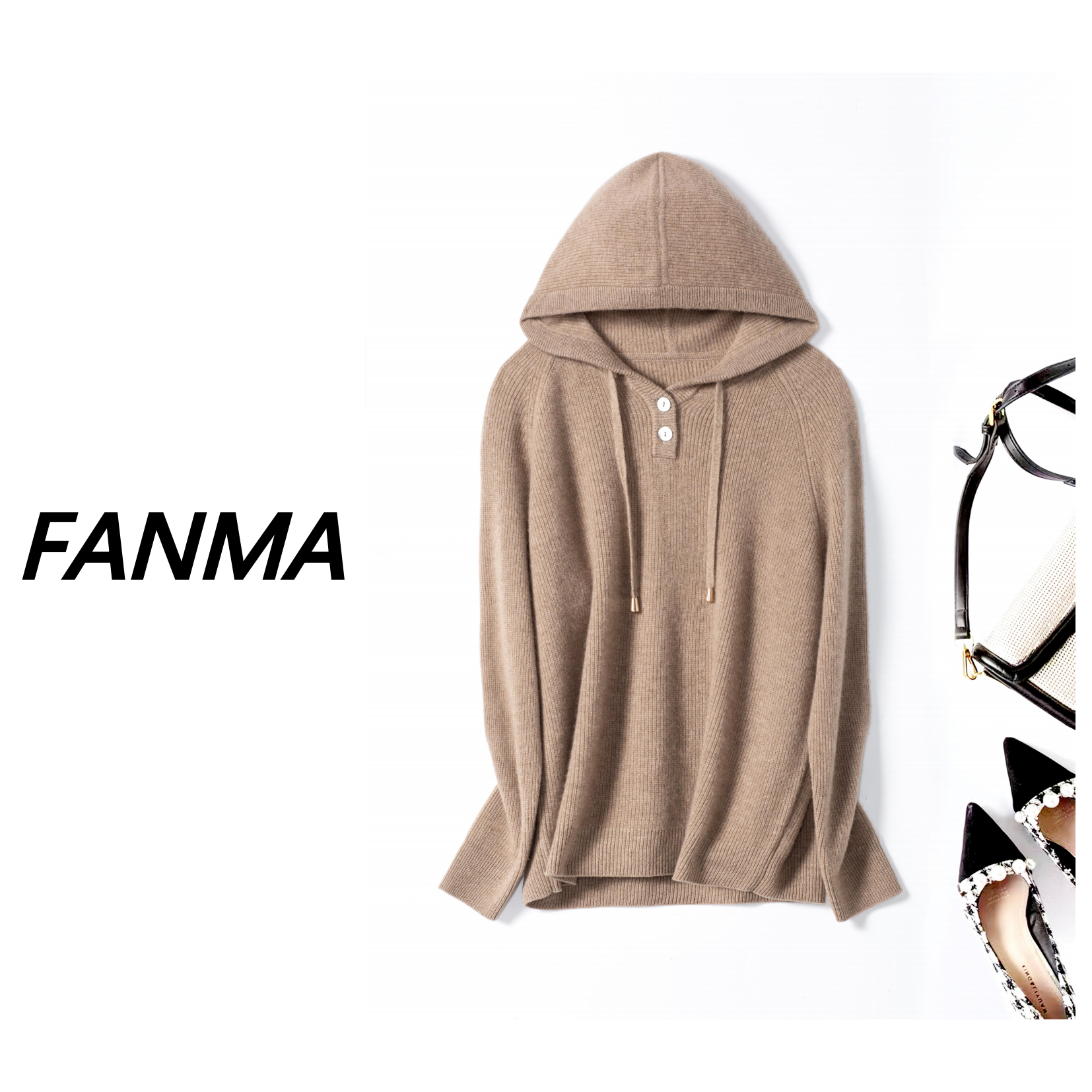 #圣托里尼# 设计感连帽山羊绒帽衫 坑条纯色山羊绒衫 82133