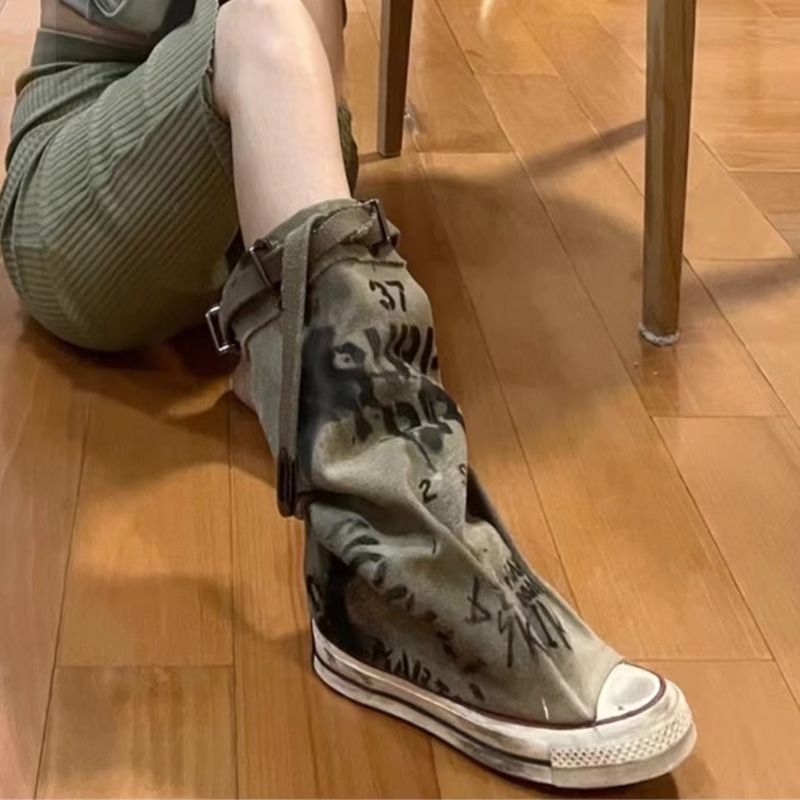 休闲百搭涂鸦做旧帆布靴女裤筒堆堆靴厚底中筒靴2023秋季靴子鞋