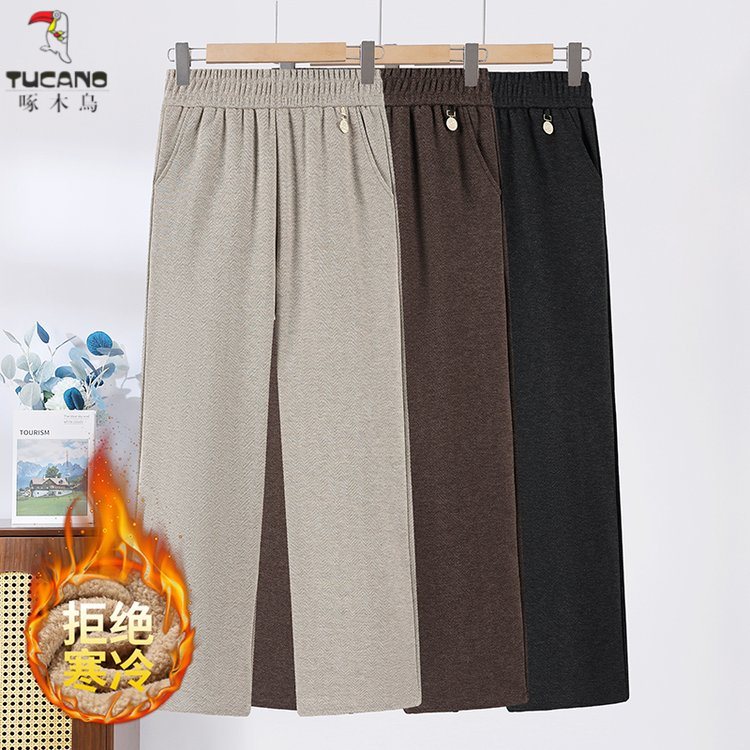 啄木鸟中老年秋冬长裤2025新款高腰松紧腰妈妈宽松显瘦大码呢子裤