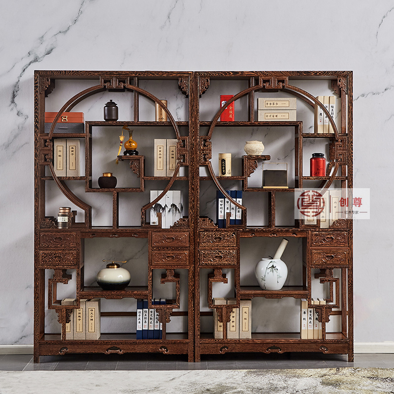 红木五福博古架鸡翅木陈列茶叶架子仿古多宝格实木隔厅架书房家具