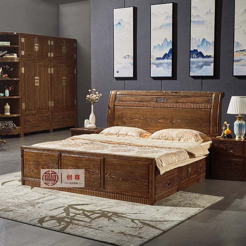 红木家具鸡翅木中式祥云大床床头柜三件套简约床婚床双人床
