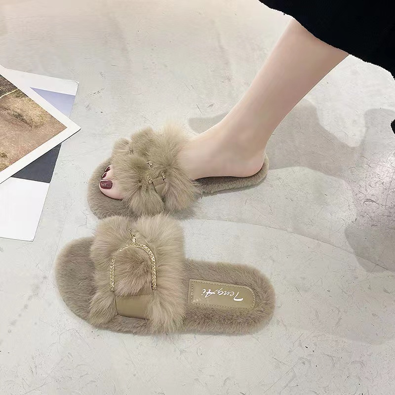 红蜻蜓牌毛毛拖鞋女外穿2023年秋冬新款网红仙女家居平底棉拖鞋in
