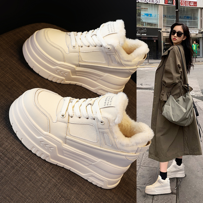红蜻蜓牌7788-1厚底高帮小白鞋女2023年冬季加绒加厚百搭内增高休