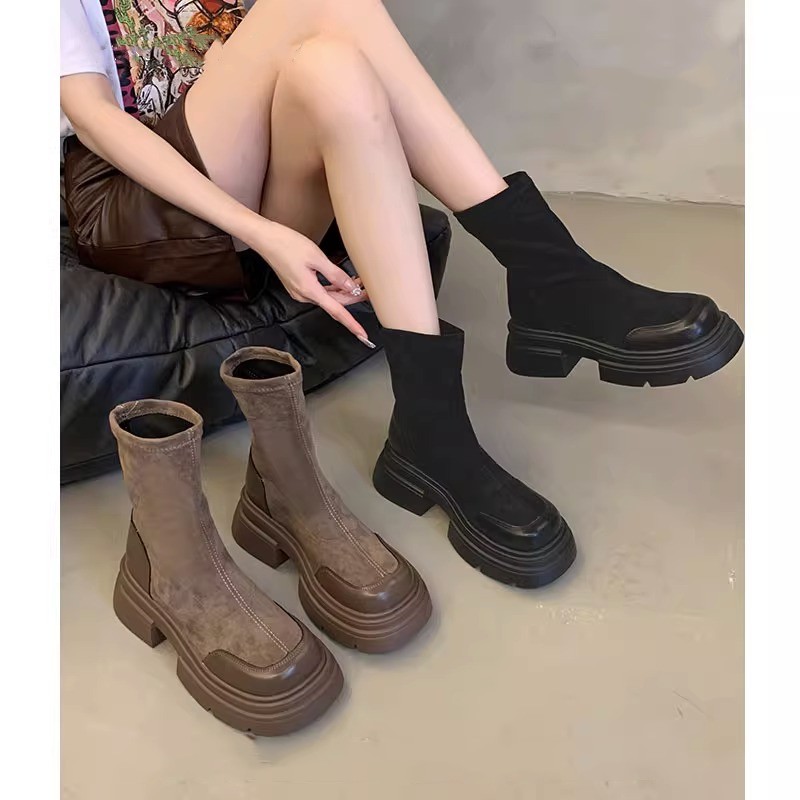 红蜻蜓牌厚底短靴女2023新款秋季弹力瘦瘦靴英伦马丁靴炸街棕色单