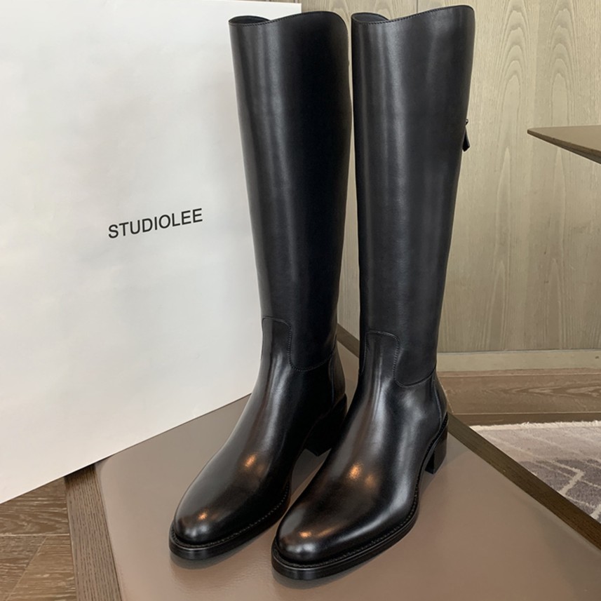 红蜻蜓牌studiolee后交叉设计扣带酷飒中高筒靴厚底粗跟圆头靴