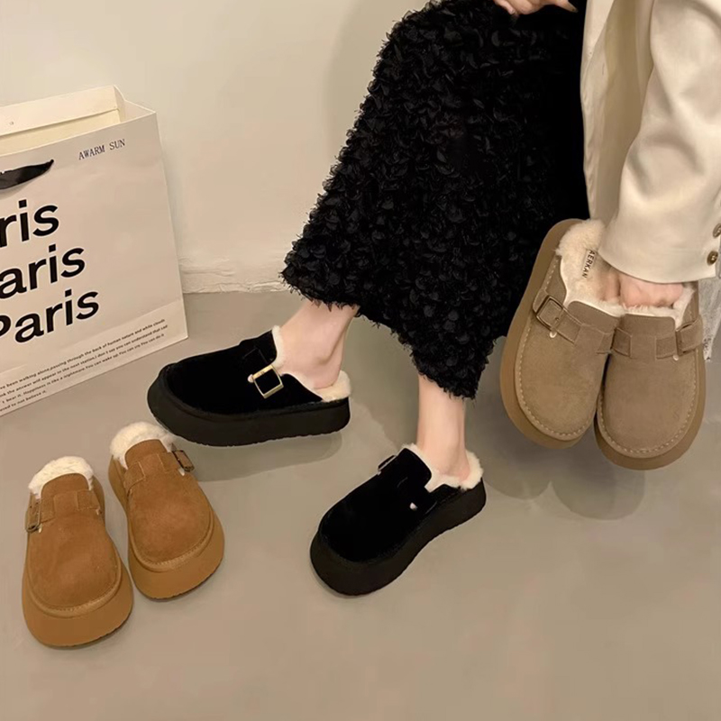 红蜻蜓牌勃肯鞋女厚底加绒包头半拖鞋2023新款冬季毛毛拖鞋外穿博