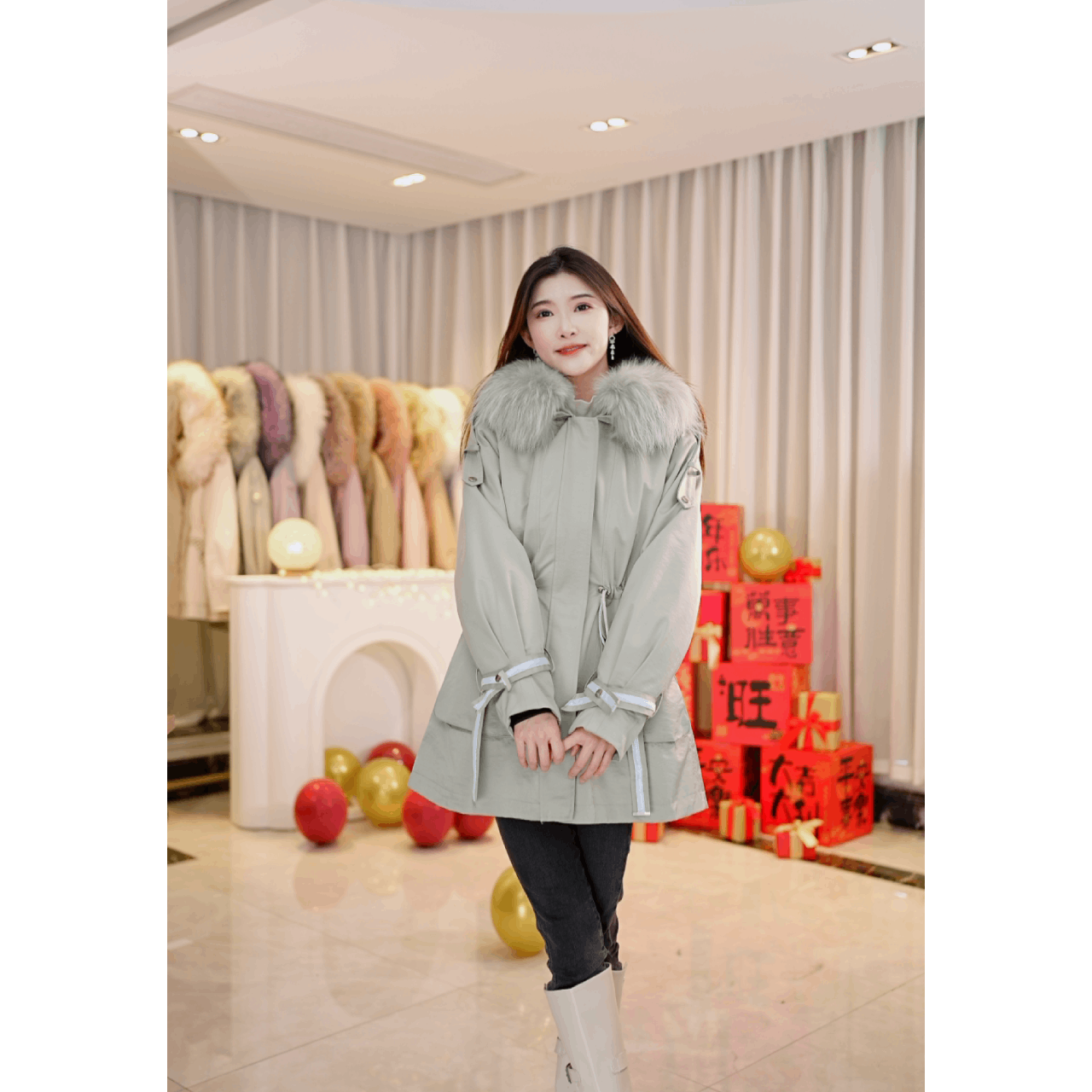 【瑶仙骨獭兔】8266冬季女派克服时尚大气休闲百搭真毛内胆外套