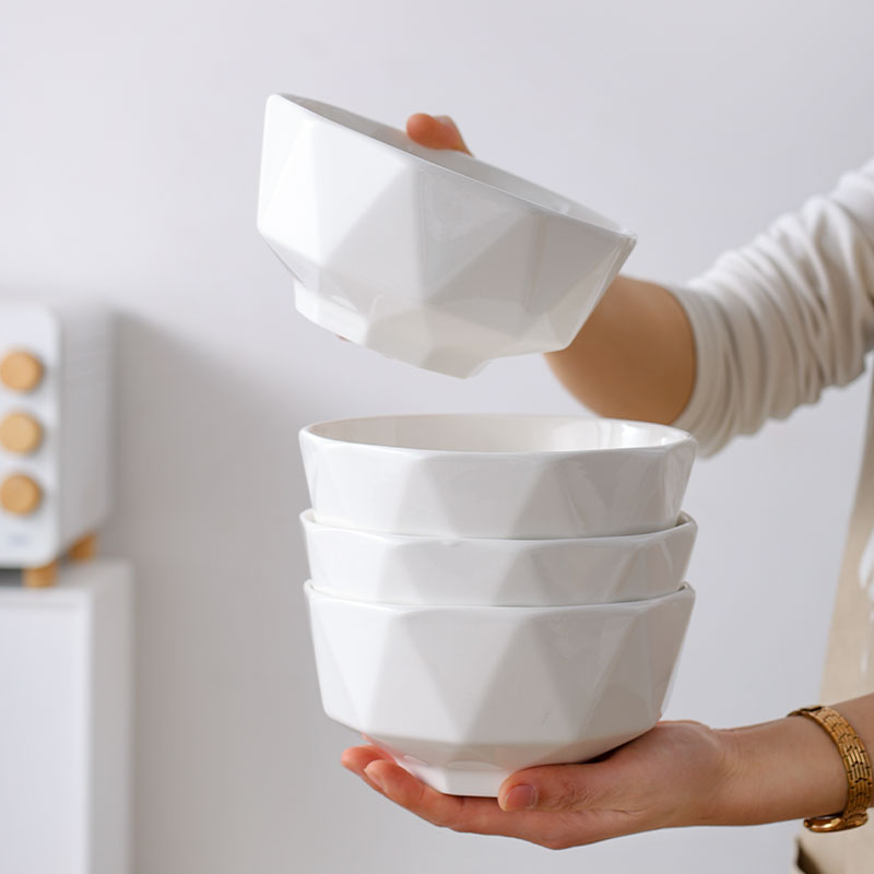 百合钻石6英寸面碗4只装纯白瓷沙拉碗只装简约家用大碗吃饭碗