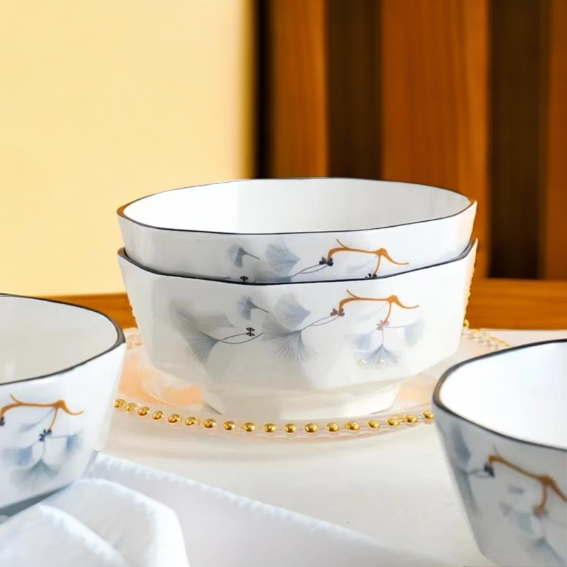 {银杏花开}6英寸面碗4只装北欧现代风陶瓷餐具套装高颜值个性碗